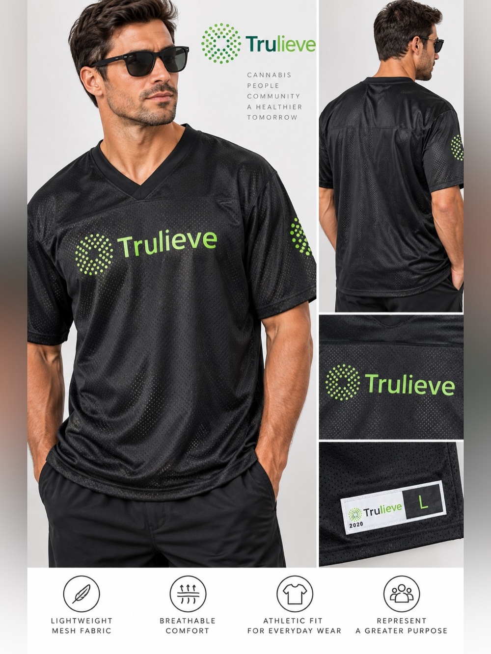 Men's Black Trulieve V-Neck Logo Mesh Shirt Jersey Size Large